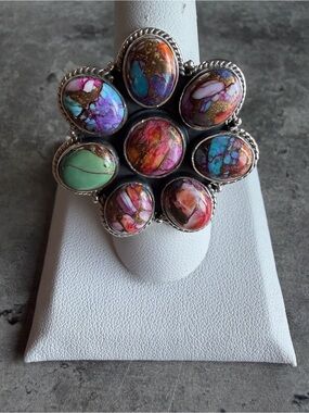 Pink Dahlia Turquoise Cluster Stone Ring- Adjustable